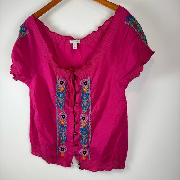 Boston Proper Blouse with Ruffled Elastic Short Sleeves and Embroidery ~ 10 - Picture 4 of 13